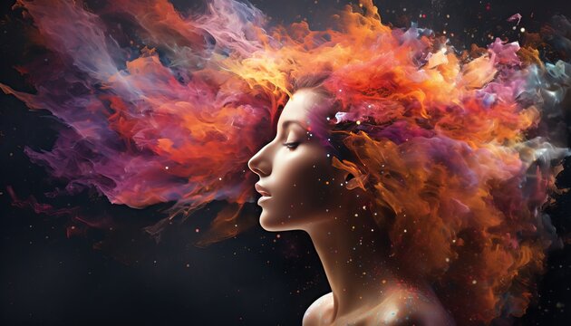 Beautiful fantasy double exposure portrait of woman with colorful digital paint splash and nebula