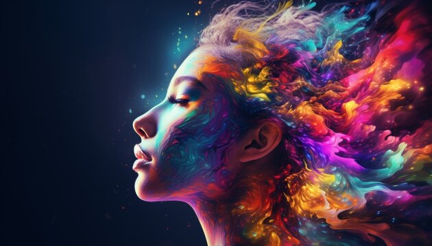 Abstract Double Exposure Portrait Of Beautiful Woman With Colorful Digital Paint Splash