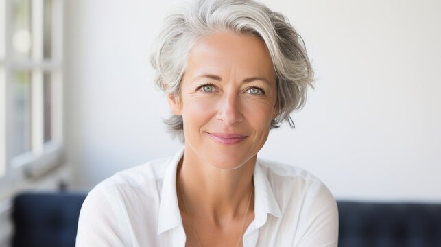 Happy senior woman smiling at camera in living room with copy space on blurred background