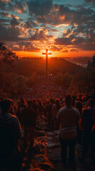 Obraz premium Christian cross, crowd and religion at sunset for praying, silhouette and spiritual social gathering, Background, people and crucifix symbol at sunrise for prayer, worship and religious community