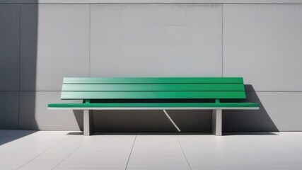 Green minimalistic bench against gray concrete wall. Daylight. Copy space, place for text, empty space.