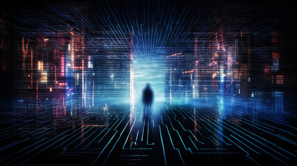 A lone silhouette stands before an immersive data stream in cyberspace, symbolizing the human element amidst digital transformation and information flow.

