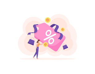 female buyers or customers get discount coupons or vouchers. price reduction to attract potential consumers. promotions and offers. special gift. flat style illustration concept design. graphic