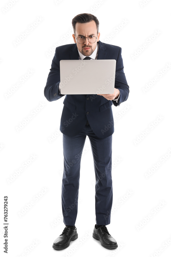 Wall mural Funny businessman with laptop isolated on white background