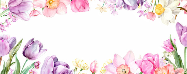 A collection of vibrant assorted flowers arranged neatly on a clean white background. The blossoms showcase a variety of colors and textures, creating a visually appealing display. Banner. Copy space