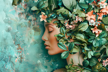 Surreal Portrait of Woman Embraced by Nature's Essence Amidst Ethereal Backdrop - obrazy, fototapety, plakaty