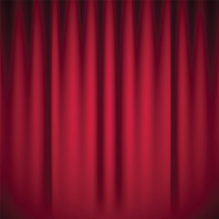 Curtain on stage. Crimson background with spotlight in theater or cinema. Closed velvet curtain for circus, theater, stage, club. Backdrop with projector light for a ceremony on Broadway. Vector