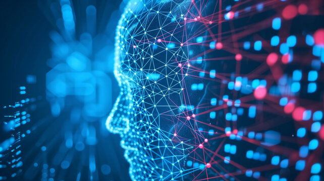 Abstract digital human face profile with connecting dots and lines symbolizing network and data technology.
