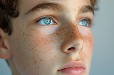 Teenage boy blue eyes freckles - obrazy, fototapety, plakaty