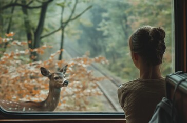 Fototapeta premium Girl watching deer through train window