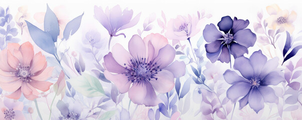 Obraz premium A watercolor painting featuring delicate purple flowers blooming against a crisp white background. The flowers are intricately detailed with shades of purple, hints of green leaves. Banner. Copy space