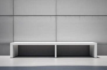 White minimalistic bench against gray concrete wall. Daylight. Copy space, place for text, empty space.