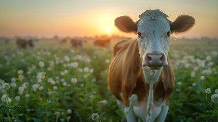 Panoramic view of cows grazing in a dewcovered meadow at sunrise with a hint of morning fog. Concept nature photography, landscape shots, animal portraits, scenic views, morning ambiance