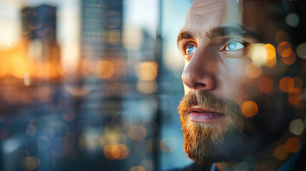 A pensive man with a beard looks out through a window, the city's twilight glow reflecting in his eyes.