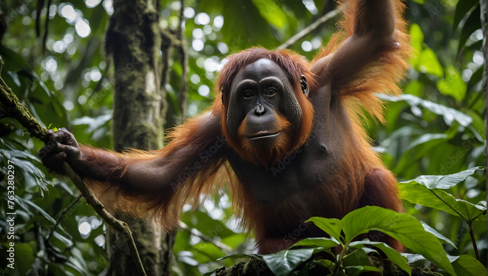 Wall mural Adorable Baby Orangutan Portrait in Jungle