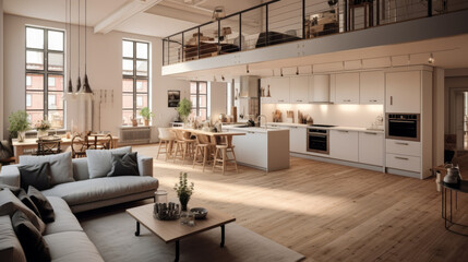 A large open living room with a kitchen and dining area. The kitchen is white and has a lot of counter space. The living room has a couch, a coffee table, and a few chairs - obrazy, fototapety, plakaty