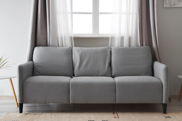 Grey sofa near window in living room