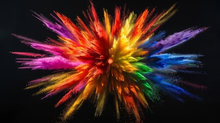 Explosion of rainbow colored Holi paint powder on a black background