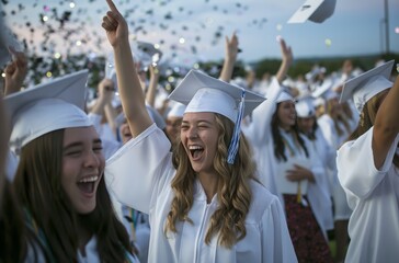 Joyful high school graduates celebrating - obrazy, fototapety, plakaty
