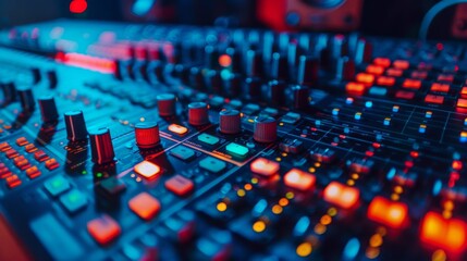 Obraz premium Close-up of an audio mixing console, highlighting complex controls and illuminated buttons