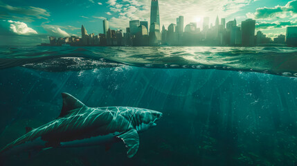 A big shark under the water, cityscape showing on the background in the surface.