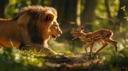 lion chases a baby deer in the deep green forest