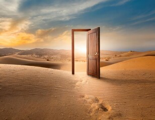 Opened door on desert. Unknown future. Generated with AI