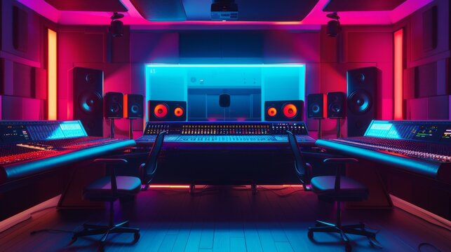 Modern mixing console in a recording studio with control panel illuminated in bright neon colors