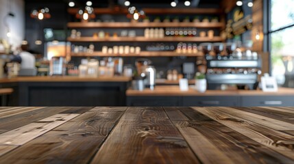Empty Wooden Table with Blurred Bokeh Coffee Shop Background