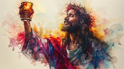 Jesus Christ is lifting the cup of holy communion - obrazy, fototapety, plakaty
