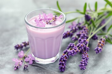 Fototapeta na wymiar Glass of lavender-infused milk
