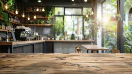 Fototapeta na wymiar Empty Wooden Table with Blurred Bokeh Coffee Shop Background