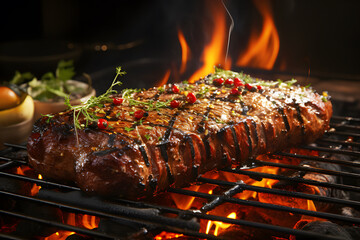 Grilled meat steak on stainless grill depot with flames on dark background. Brown beef steaks sizzling on grill with flames. Food and cuisine concept. Food is popular all over world.