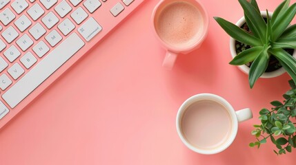 Workspace with keyboard, cup of coffee and plant neatly arranged on pink background