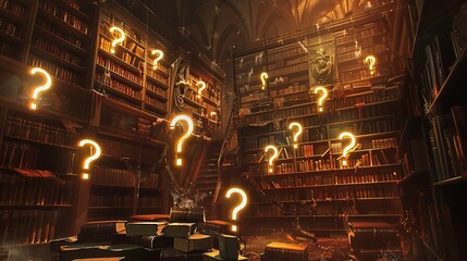 A mysterious and enigmatic scene set in a dimly lit old library, filled with floating, glowing question marks in various dimensions.