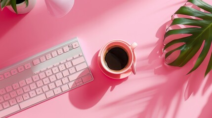 Workspace on pink background with keyboard, coffee cup and plant