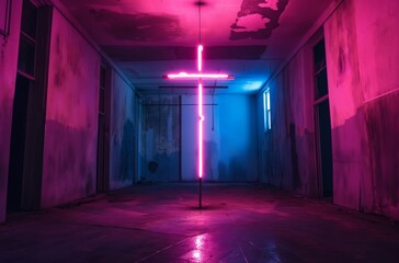 Neon cross in empty space