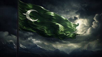  The Pakistani Flag Fluttering in the Wind Against the Sky - obrazy, fototapety, plakaty