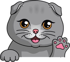 Scottish fold British shorthair grey cat portrait, happy, smiling, hello paw
