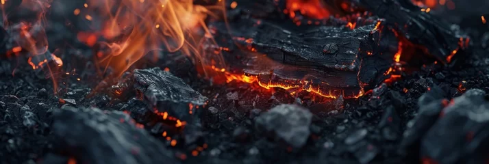 Crédence de cuisine en verre imprimé Texture du bois de chauffage Coal fire, which focuses on the intricate textures and colors of burning coal