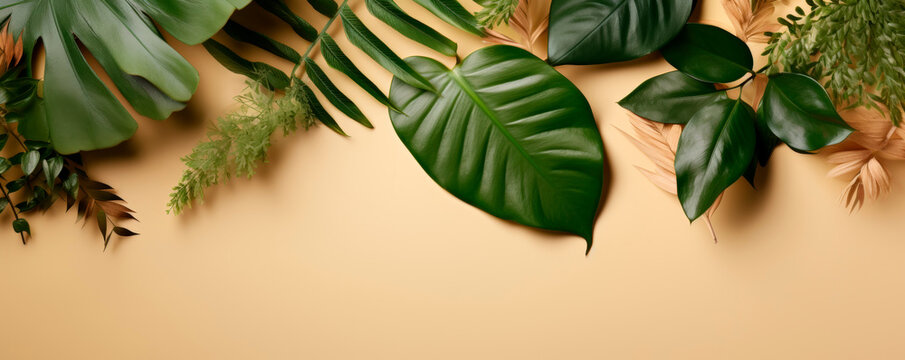 A cluster of vibrant green leaves is arranged neatly on a plain beige surface. The leaves showcase various shades of green, with delicate veins running through them, creating. Banner. Copy space
