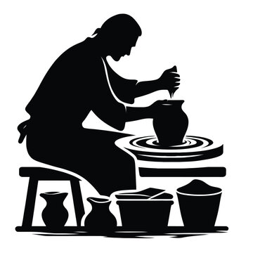 black silhouette potter shaping clay pot clip art preview