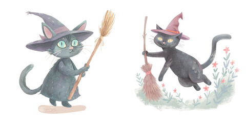  cute cat witch with magic broom watercolour vector illustration