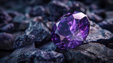 the dark purple gemstone jewelry cut with dark stone background. violet Ruby gemstone Round Cut on stone background, close up shot Dazzling diamond purple gemstones on black background