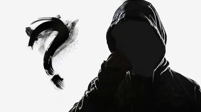 Photo with an unknown character, incognito, white background, black silhouette with a question mark
