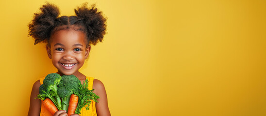 A studio shot of a smiling African girl holding fresh broccoli and carrots on a yellow background. Copying the space. The concept of healthy baby food.