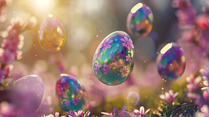 A collection of shiny, iridescent Easter eggs with holographic design nestled among delicate spring blossoms, set against a soft pastel background, evoke the freshness of the spring season.