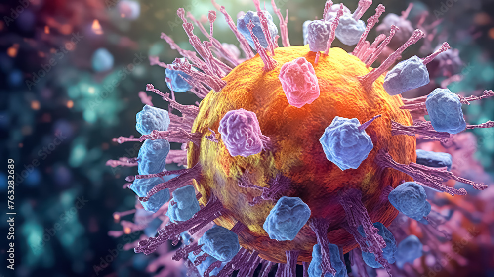 Poster a macro image of a micro hi-tech coronavirus molecule is analyzed