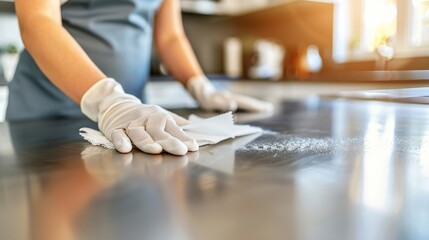 Woman Cleaning Countertop in Bright Kitchen - obrazy, fototapety, plakaty