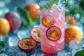 Soda can, cocktail, cooling drink with vitamins and fruits, splashes, ice and bright colors, mockup